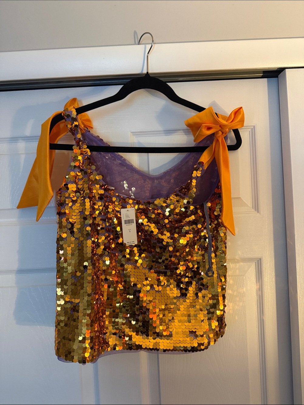 Anthropologie Gold Sequin Camisole with Purple Lining and Orange Bow Straps